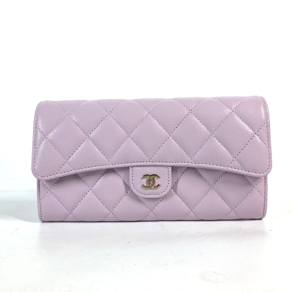 CHANEL Long Wallet Purse AP0241 Caviar skin Light purple CC COCO Mark Classic Quilted Matelasse Women Used