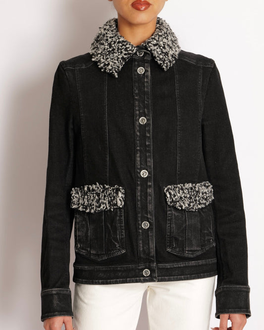 Chanel 16/A Black Denim Jacket with Black and White Shearling Pocket and Collar Details with Crystal Embellished CC Logo Buttons Size FR 38 (UK 10)