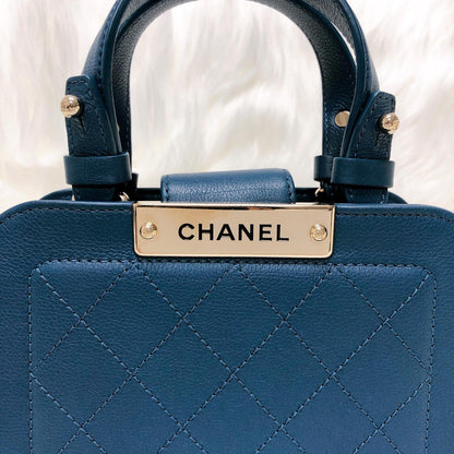 Grained Calfskin Stitched Mini Label Click Shopper Tote in Blue