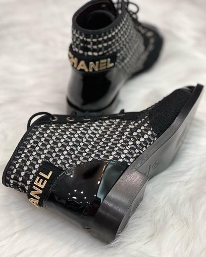 CHANEL TWEED & PATENT LEATHER COMBAT BOOTS