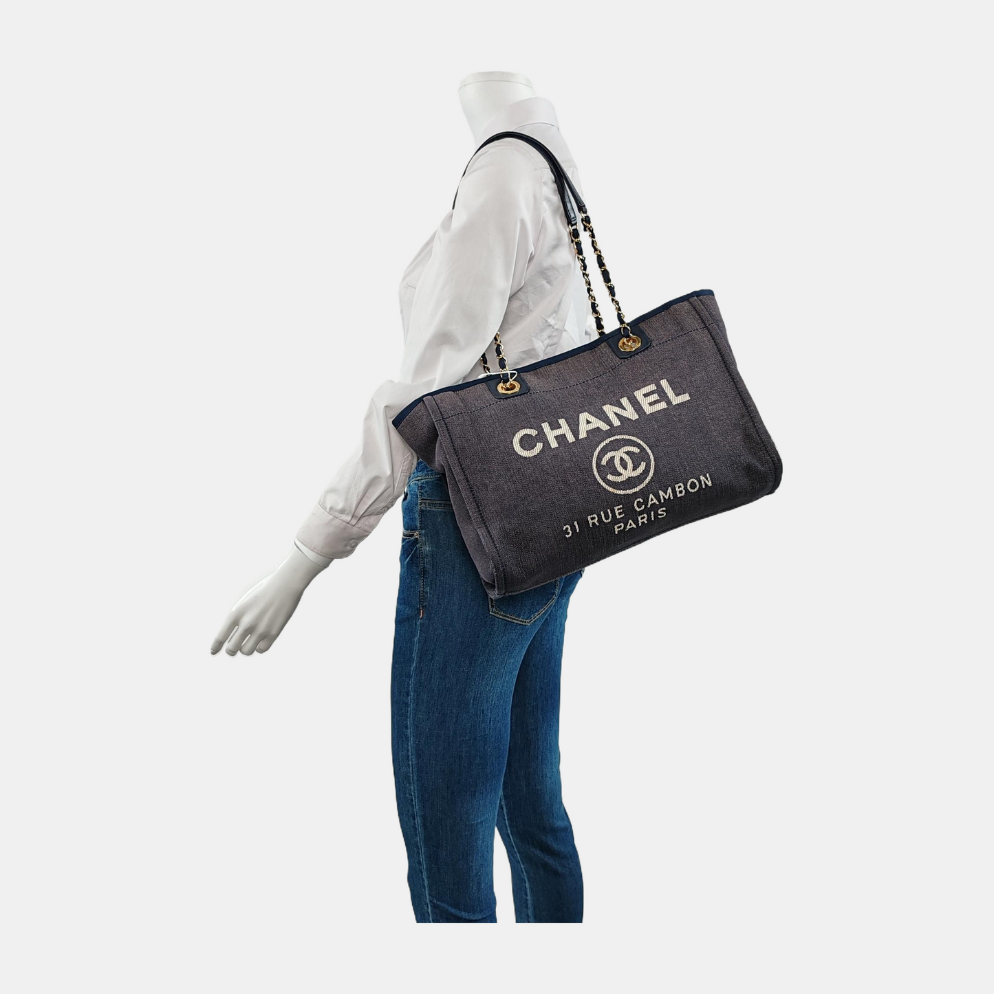 Chanel Deauville Tote Navy Denim Cloth Leather Chain Strap Gold Hardware Medium 30cm