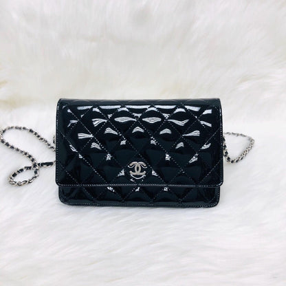 Wallet on Chain WOC with SHW in Black Quilted Patent Leather