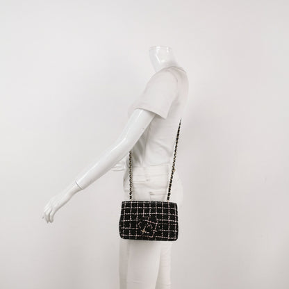 Chanel Mini Rectangular Tweed Flap Bag Black Pink Camellia Single Chain Crossbody