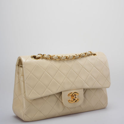 Chanel Vintage Beige Quilted Leather small timeless Double Flap Bag with 24K Gold Hardware