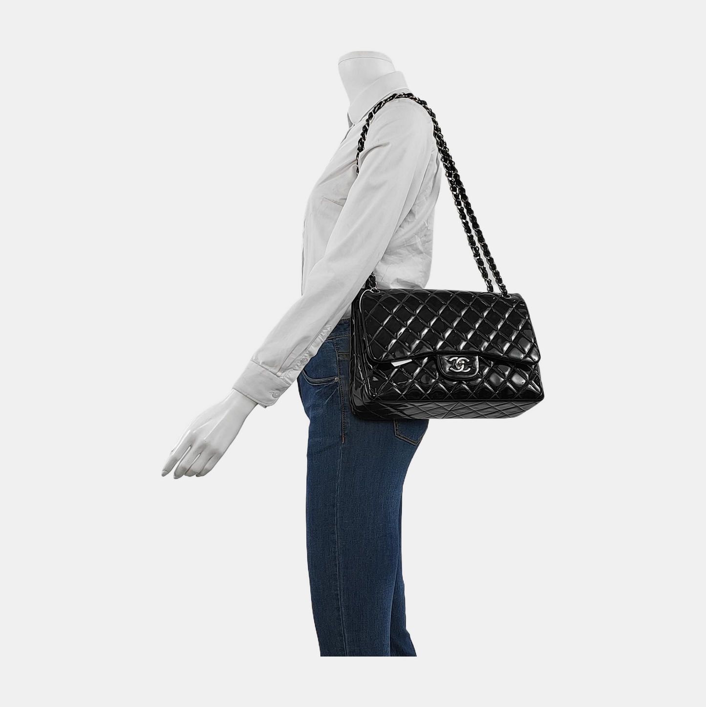 Chanel Classic Flap Jumbo Black Patent Leather Single Flap with Silver Hardware