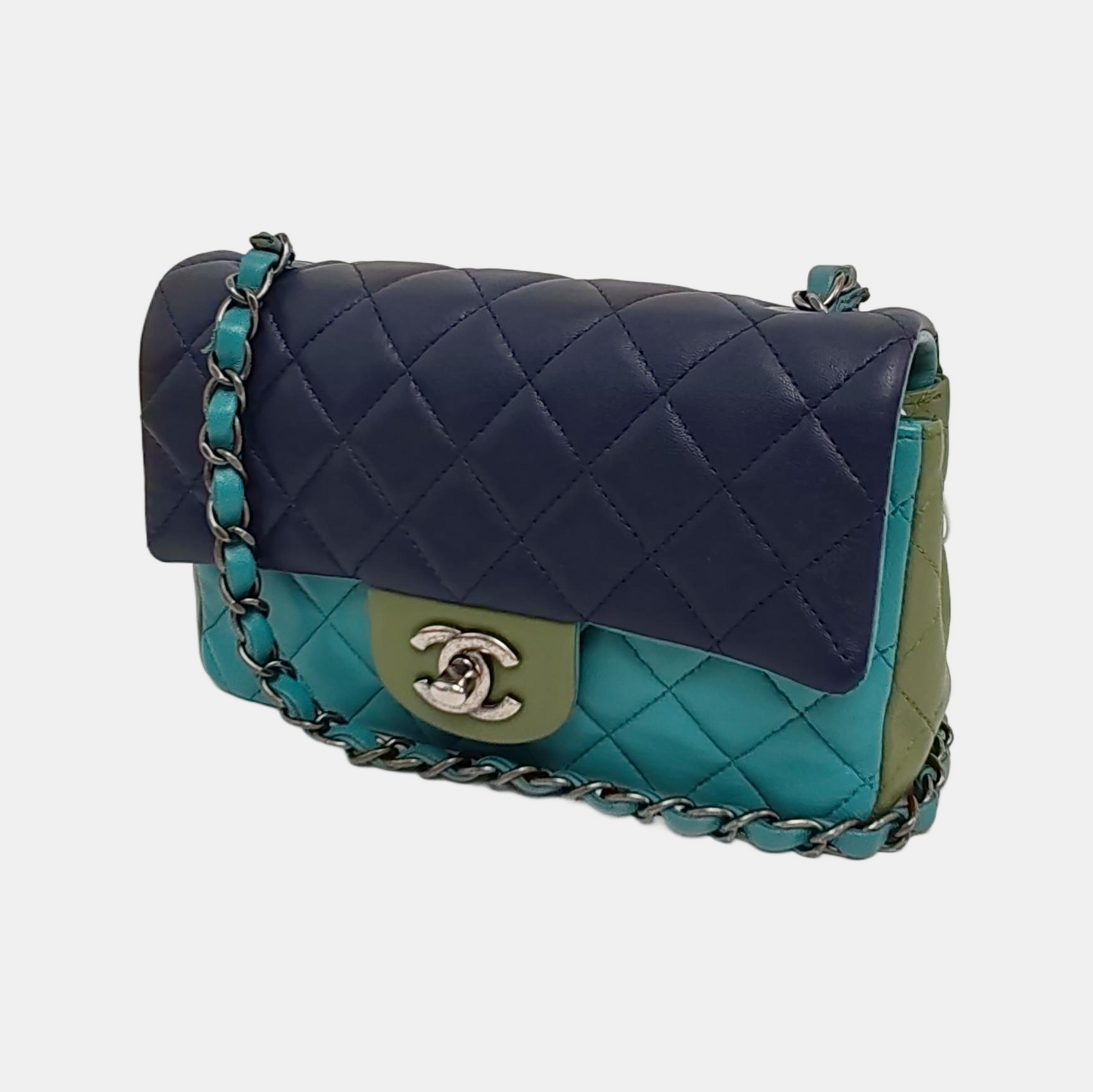 Chanel Classic Flap Rectangular Mini Tri-color Navy Blue Green Silver Hardware 2015-16