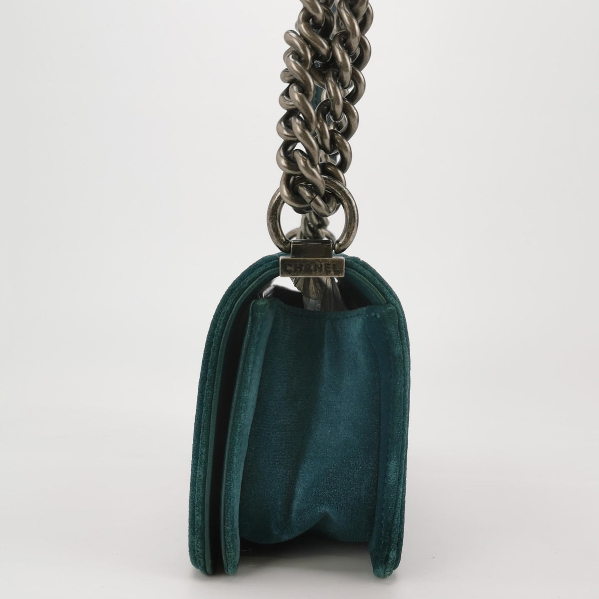 Chanel Le Boy Dark Small Green Velvet Antiqued Silver Hardware