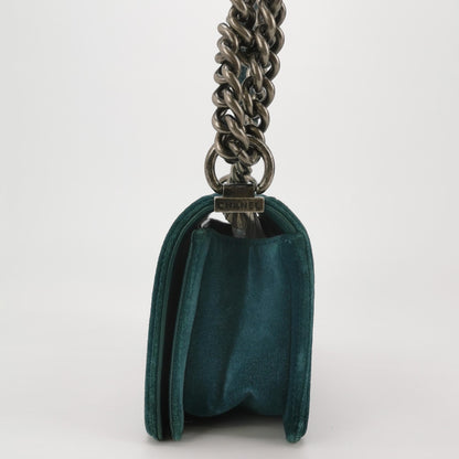Chanel Le Boy Dark Small Green Velvet Antiqued Silver Hardware