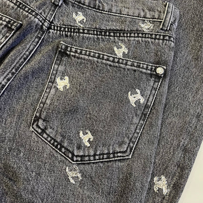 Chanel Black Denim Jeans with Silver Embroidered CC Logo Size 38