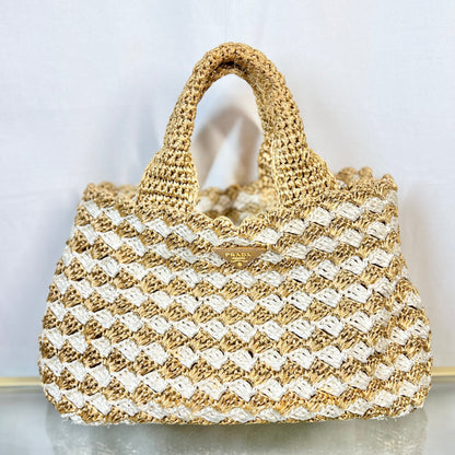 Prada Canapa Woven Crochet Tan Raffia Tote Bags