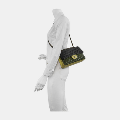 Chanel Timeless Classic Flap Medium Tricolor Black Green Lambskin Leather Gold-tone Hardware