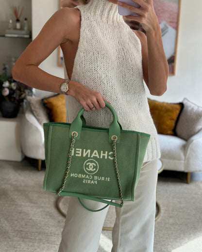Chanel Pistachio Green Canvas Small Deauville Tote Bag with Champagne Gold Hardware