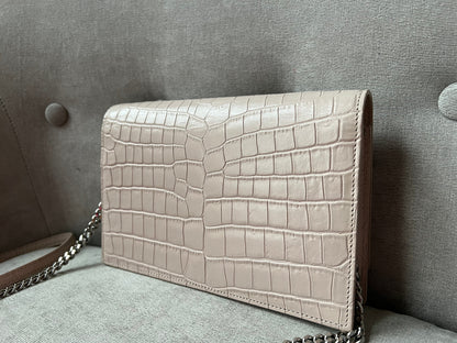 Yves Saint Laurent (YSL) Pale Pink Croc Kate Chain Wallet Silver Hardware