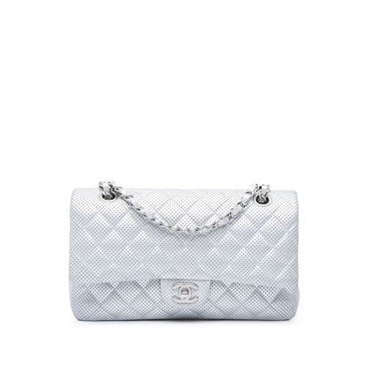 Silver Chanel Medium Classic Perforated Lambskin Double Flap Shoulder Bag