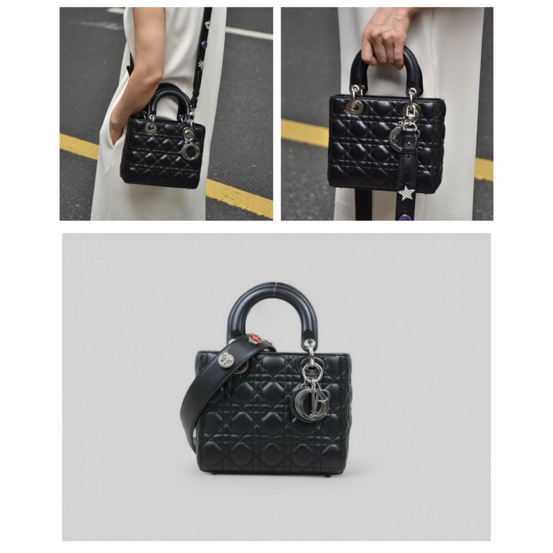 Very Good ( Rank A) ｜  Dior Lady Dior Lamb Skin 2WAY Shoulder Bag Handbag Black  ｜S25040701