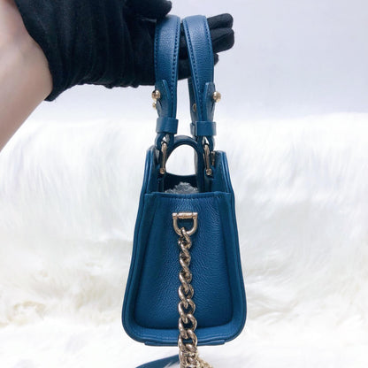 Grained Calfskin Stitched Mini Label Click Shopper Tote in Blue