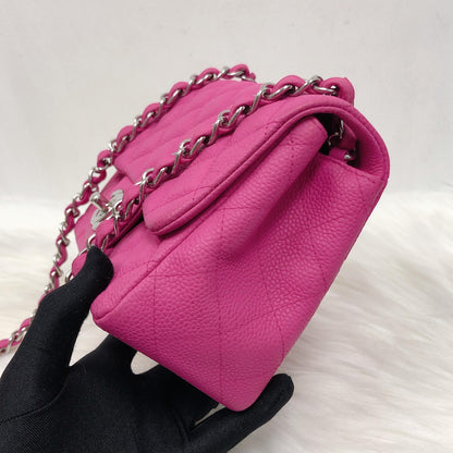 Square Mini Flap Bag Quilted Caviar Leather with SHW Hot Pink