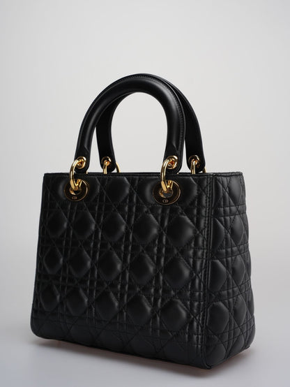 Christian Dior Black Medium Bag in Cannage Lambskin Leather with Gold Hardware