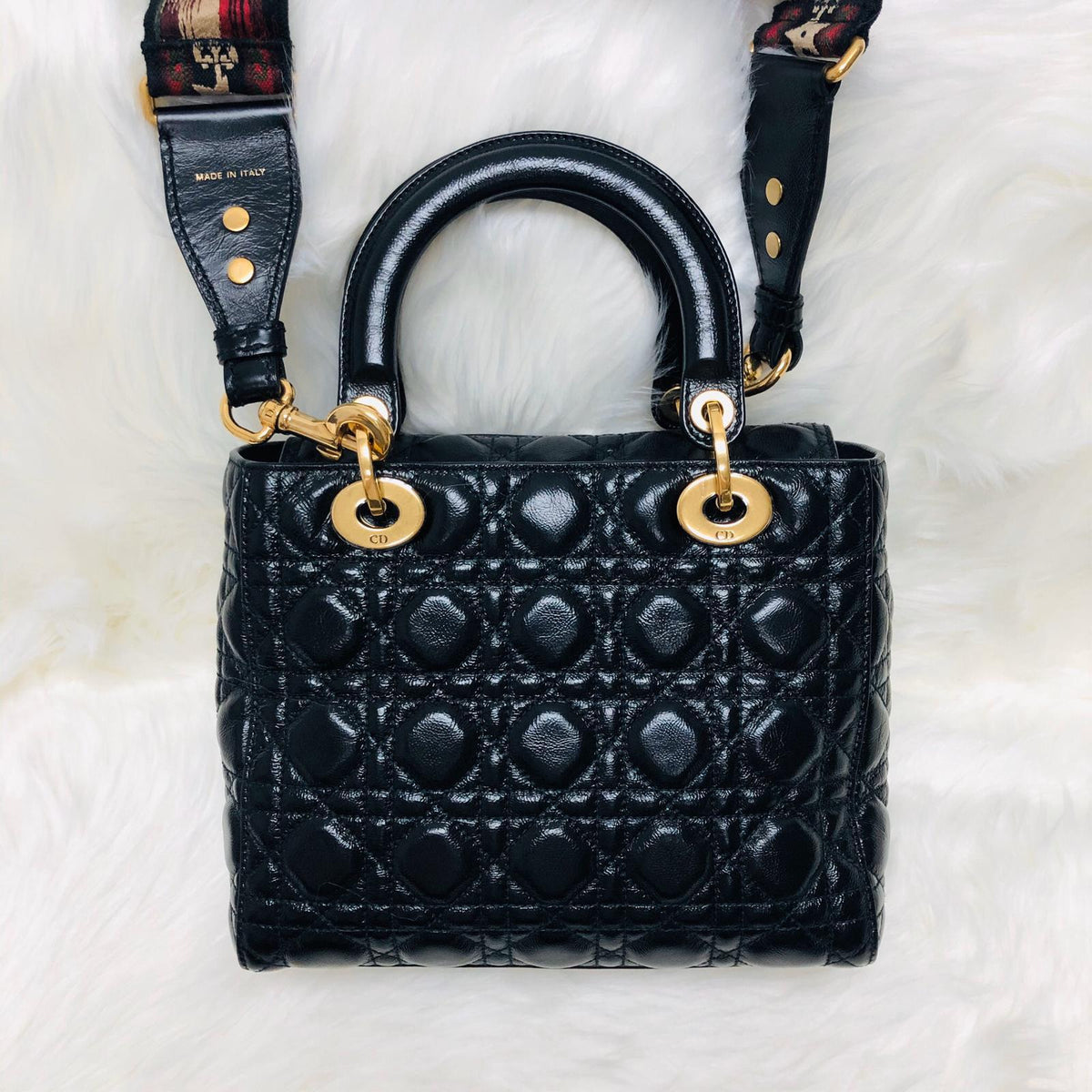 Lady Dior Bag Cannage Lambskin Leather Medium Black with Embellished Strap