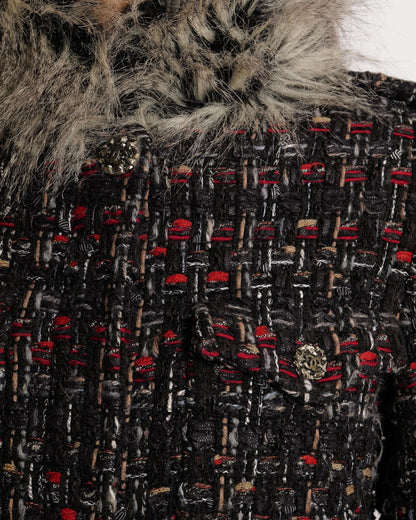 Chanel Fall 2010 Black, Grey and Red Tweed Jacket with Grey Faux Fur Sleeves and Trims and Black and Silver CC Logo Buttons Size FR 38 (UK 10)