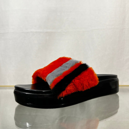 Prada Orange Multicolor Shearling Slide Sandals SZ37.5(7.5US)