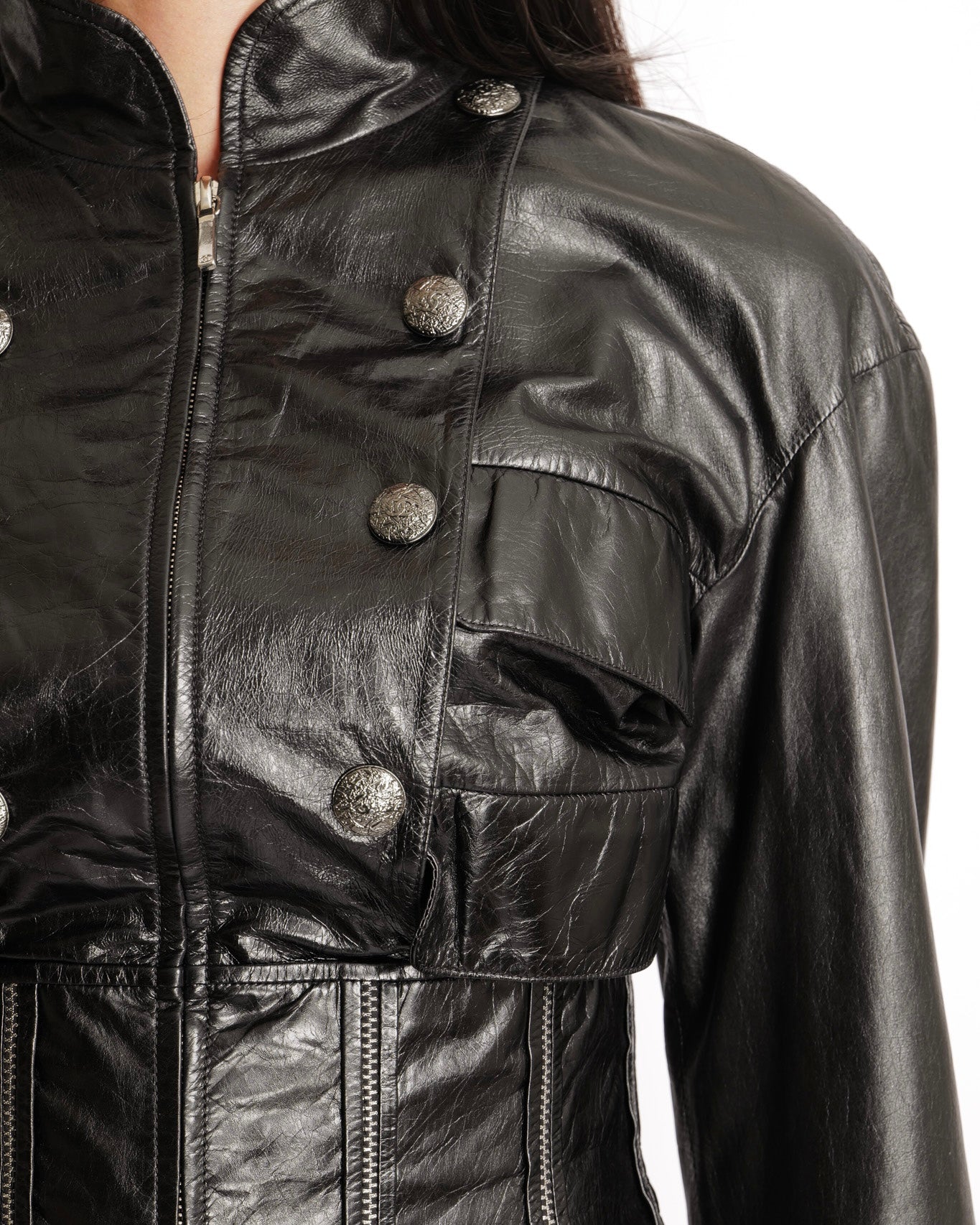 Chanel Black Distressed Leather Jacket with Silver Zippers Stitch Details and Silver Textured CC Logo Buttons Size FR 36 (UK 8)