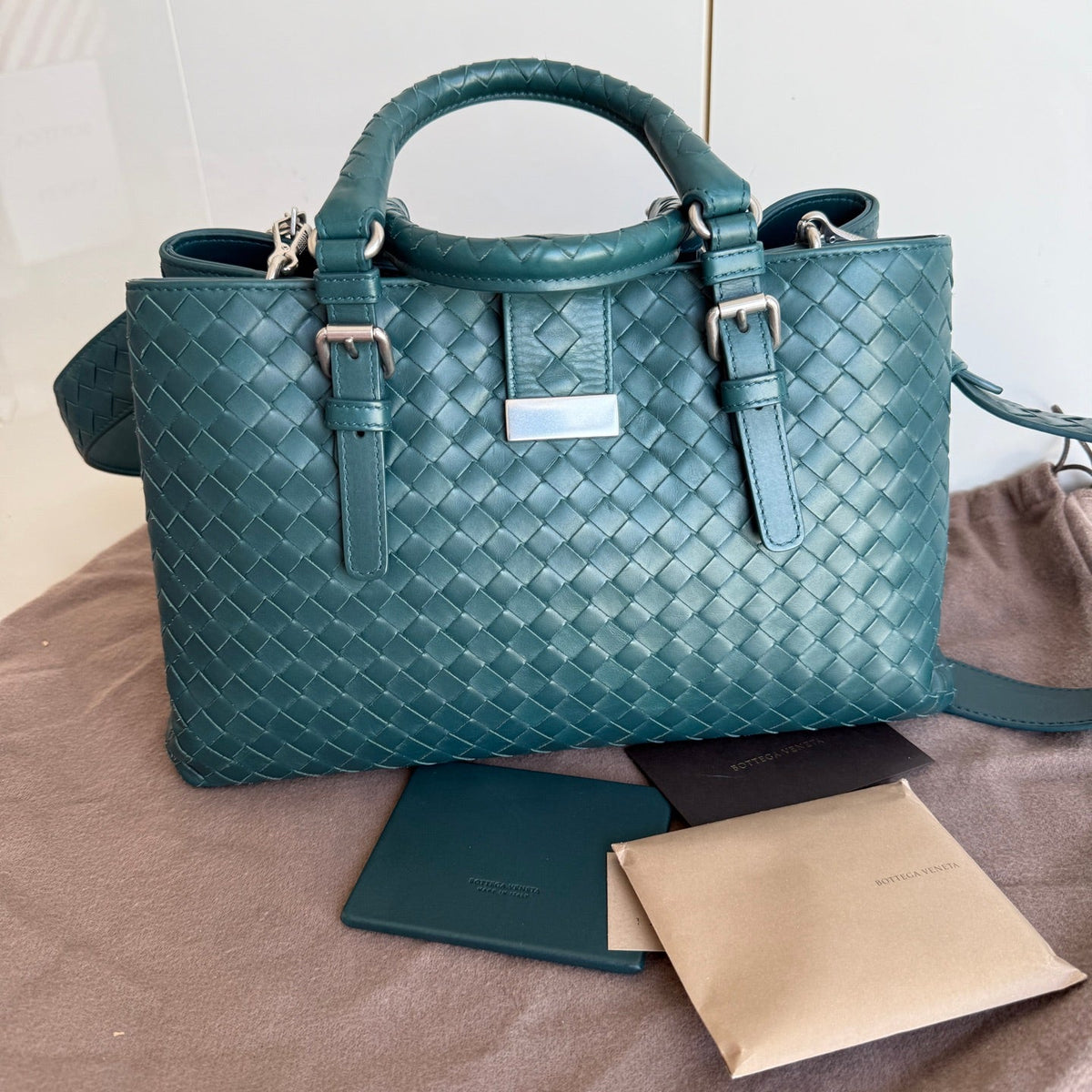 Bottega Veneta Roma Intrecciato Nappa Leather Peacock Green With Strap Small 30cm