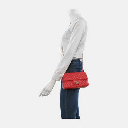 Chanel Classic Flap Rectangular Mini Red Lambskin Leather Gold-tone Hardware
