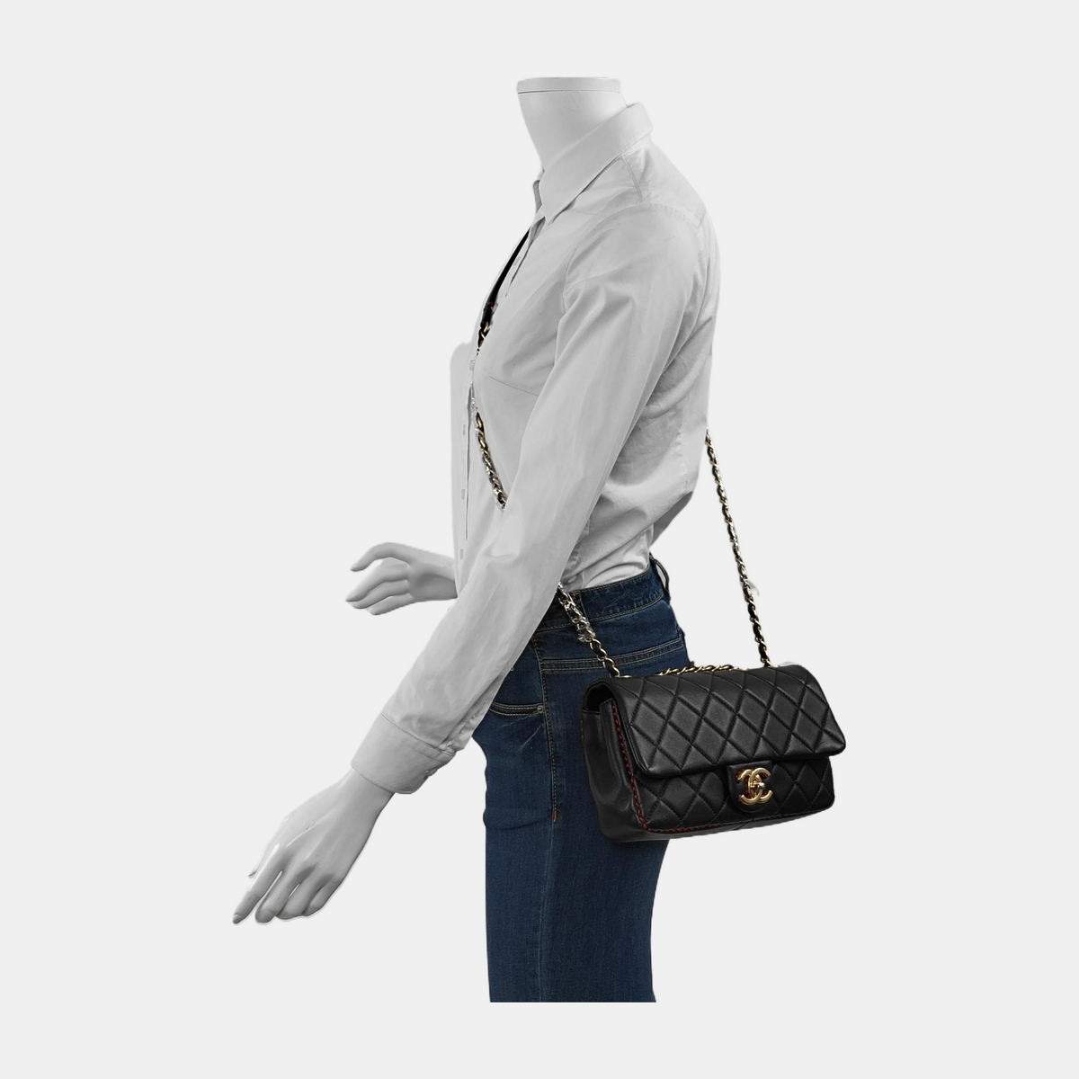 Chanel Black Lambskin Red Stitching Single Flap Double Chain Bag 2017