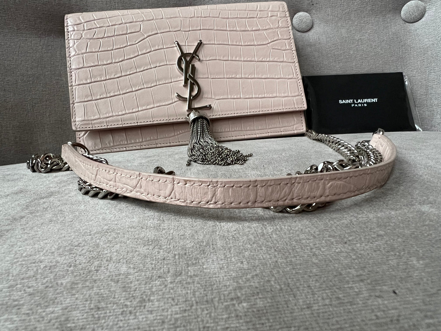 Yves Saint Laurent (YSL) Pale Pink Croc Kate Chain Wallet Silver Hardware