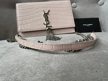 Yves Saint Laurent (YSL) Pale Pink Croc Kate Chain Wallet Silver Hardware