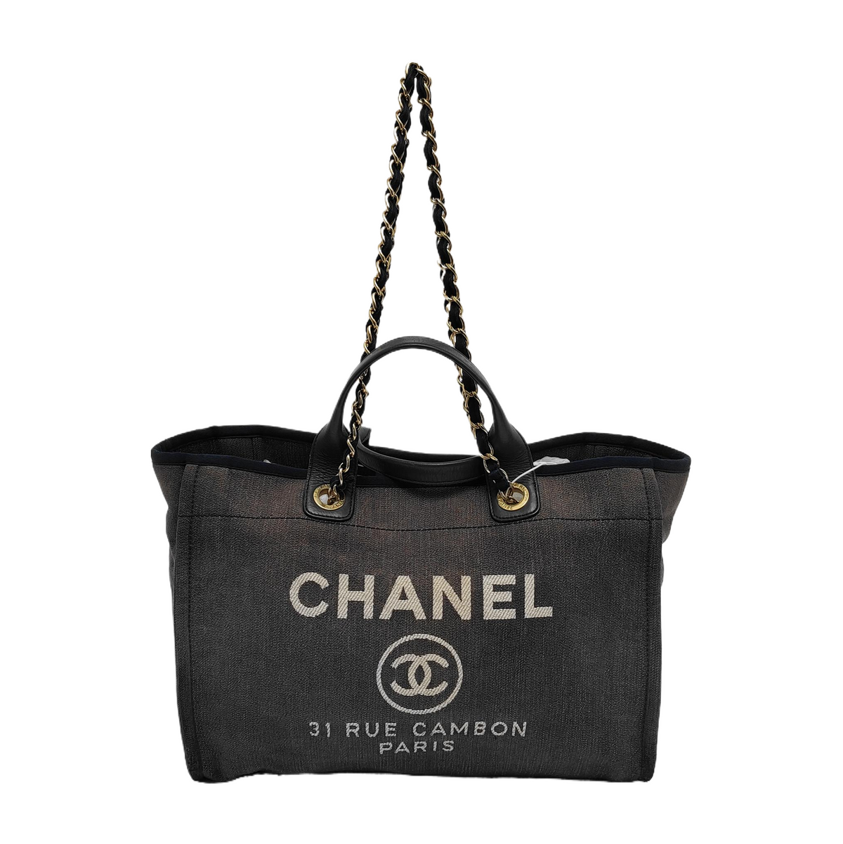 Chanel Deauville Tote Medium Navy Denim Top Handle Leather Chain Straps