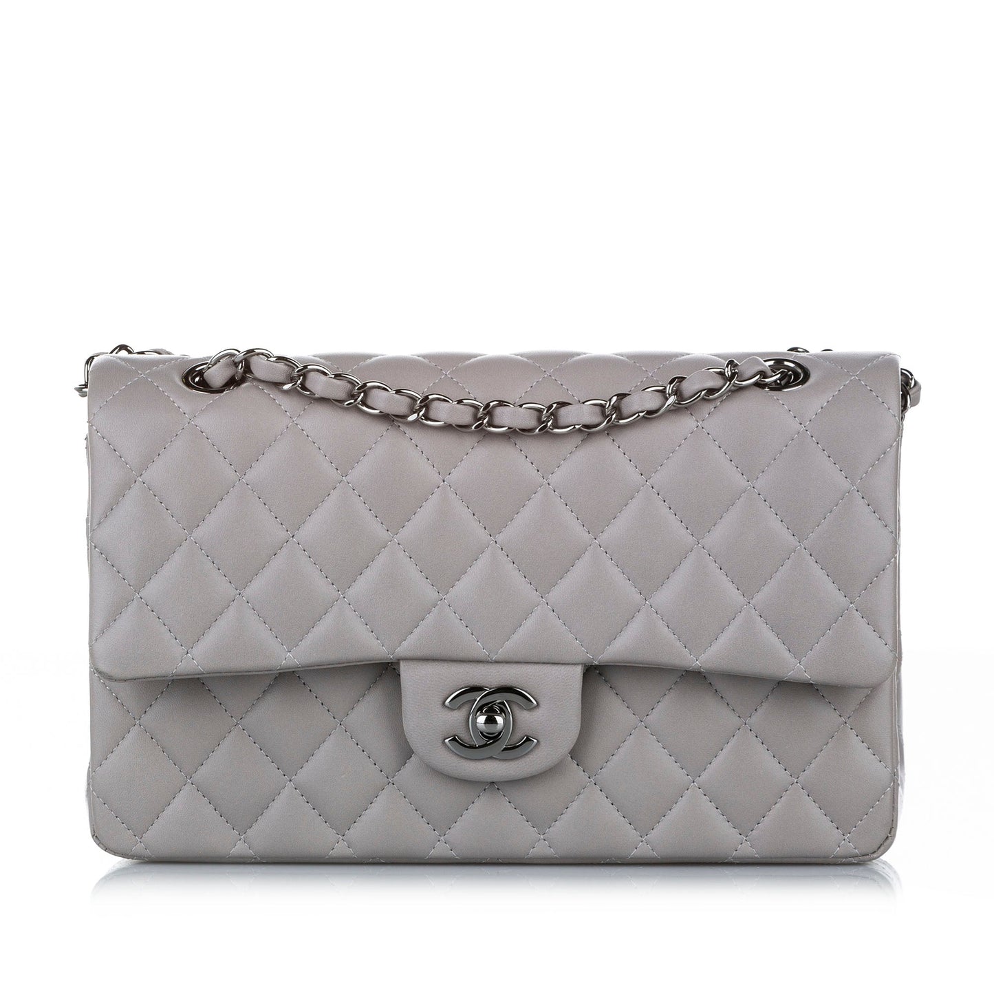 Classic Lambskin Leather Single Flap Bag in Gray with SHW