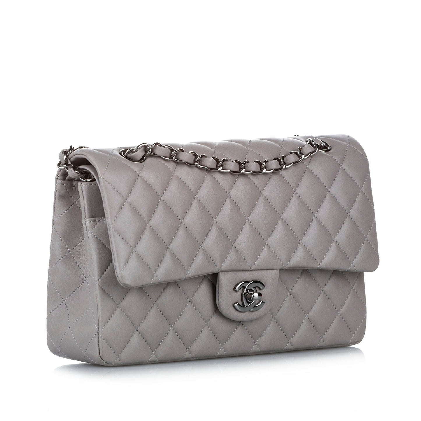 Classic Lambskin Leather Single Flap Bag in Gray with SHW