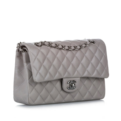 Classic Lambskin Leather Single Flap Bag in Gray with SHW