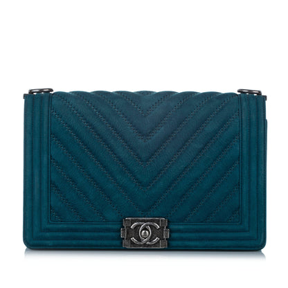New Medium Chevron Boy Suede Flap Bag Blue