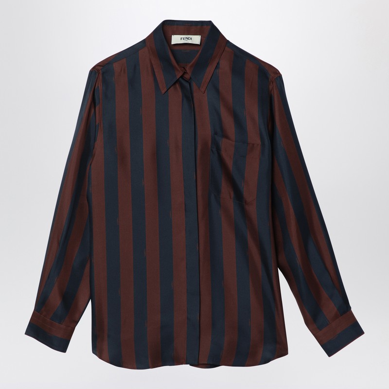 Fendi Navy Blue/Brown Pequin Silk Shirt Women