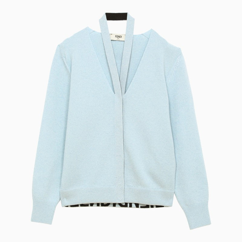 Fendi Light Blue Cashmere And Wool Cardigan Women