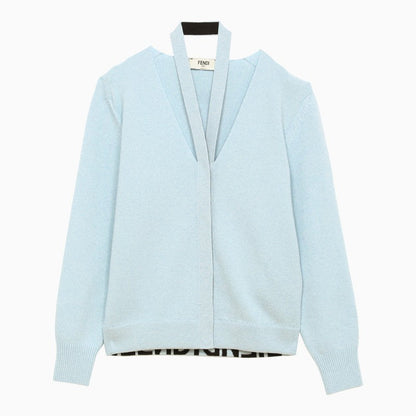 Fendi Light Blue Cashmere And Wool Cardigan Women