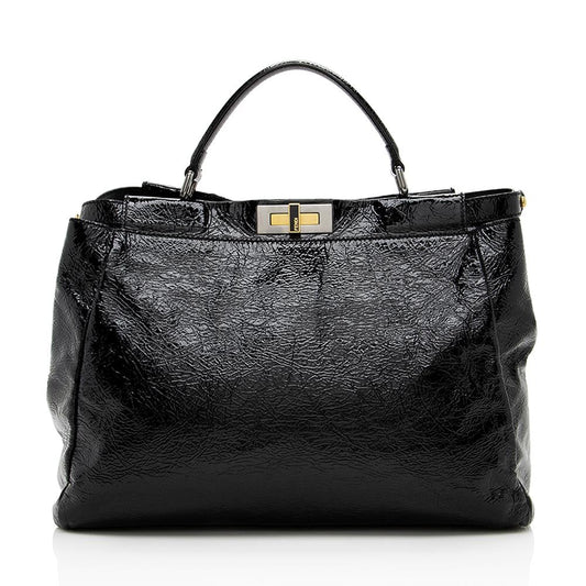Fendi Crinkled Patent Leather Peekaboo Large Satchel