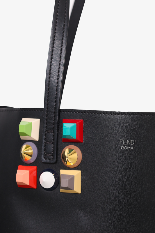 Fendi Black Leather Rainbow Stud Medium Roll Tote