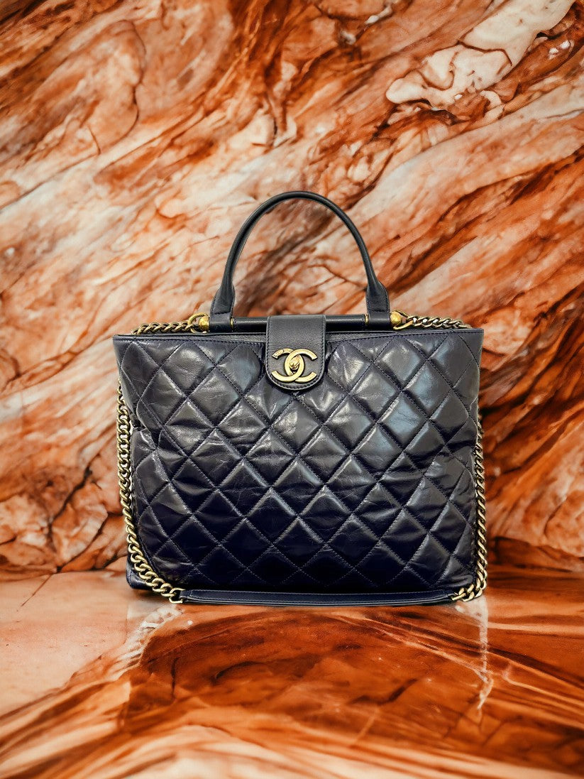 Chanel Navy Blue Quilted Lambskin Leather Goldbar Tote
