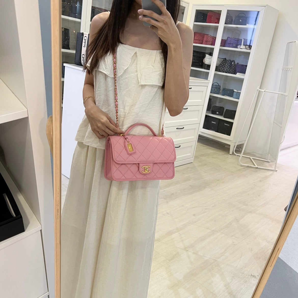 Chanel 22K Seasonal Flap with Top Handle in Pink Caviar and AGHW (Model: AS3653)