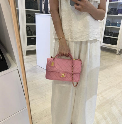 Chanel 22K Seasonal Flap with Top Handle in Pink Caviar and AGHW (Model: AS3653)