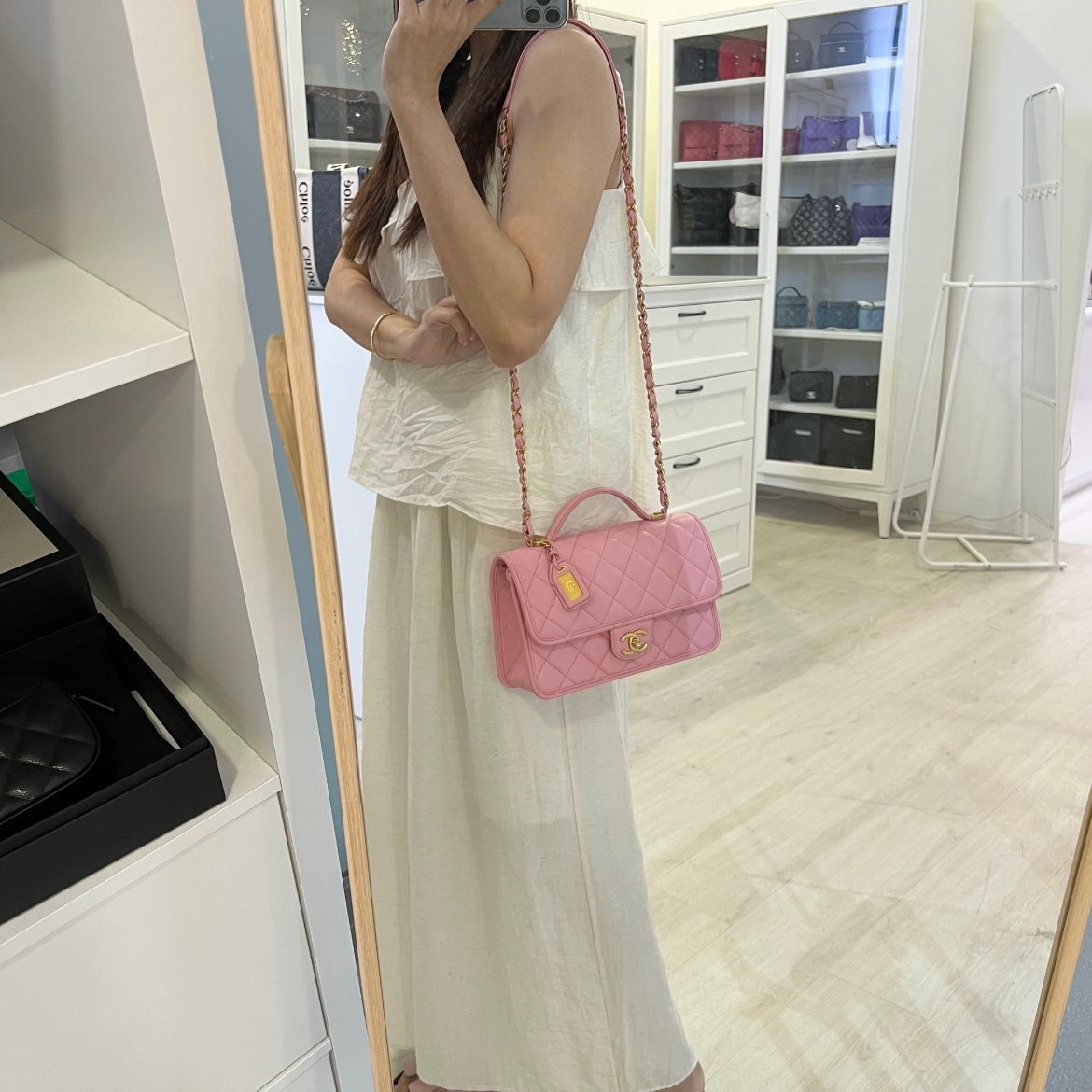 Chanel 22K Seasonal Flap with Top Handle in Pink Caviar and AGHW (Model: AS3653)