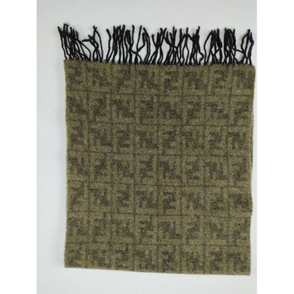 Fendi Olive Tan Zucca Print Logo Cashmere Scarf