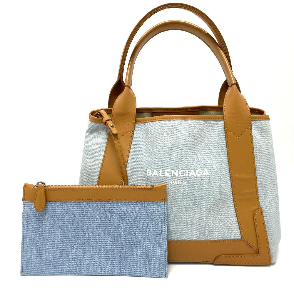 BALENCIAGA Tote Bag 339933 Leather / canvas Light blue Logo print Navy kabas S Women