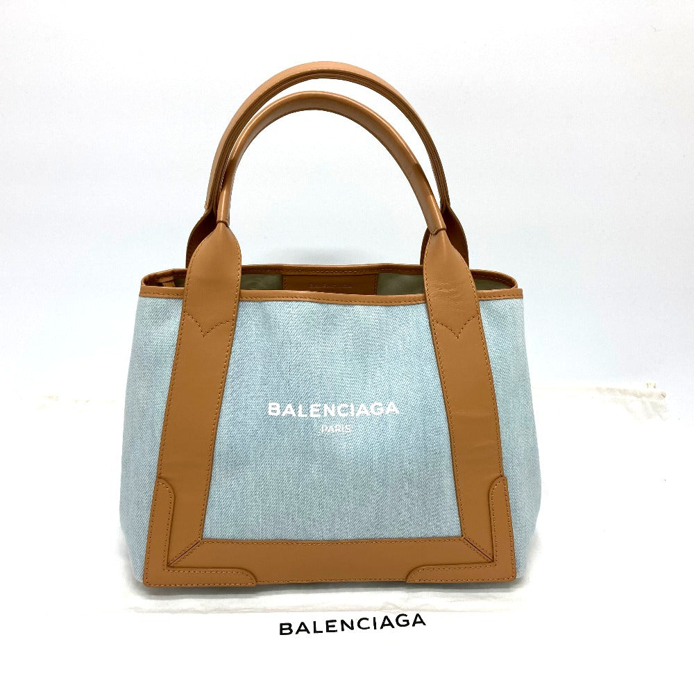 BALENCIAGA Tote Bag 339933 Leather / canvas Light blue Logo print Navy kabas S Women