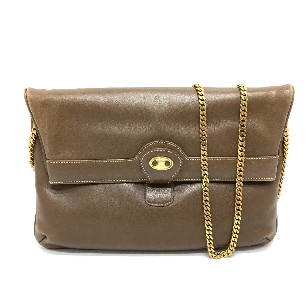 CELINE Shoulder Bag leather Brown logoMetal vintage Women Used