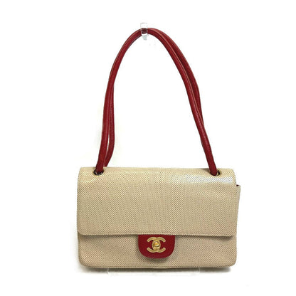 CHANEL Shoulder Bag leather Beige typex red COCO Mark CC Punching Bicolor Women Used